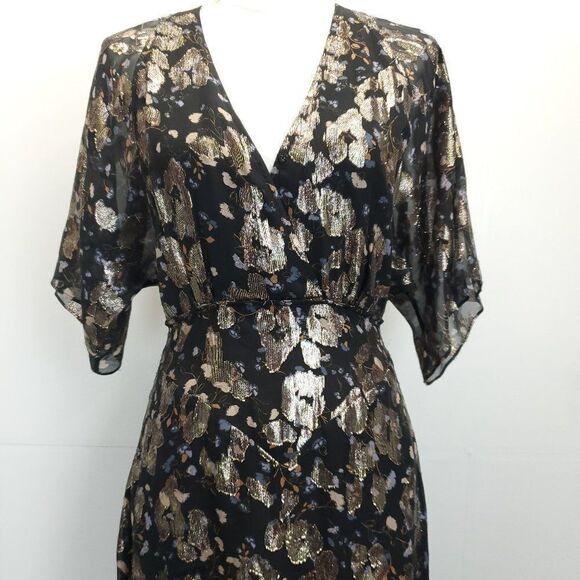 ba&sh Metallic Short Sleeve Silk Print Midi Dress - Picture 7 of 13